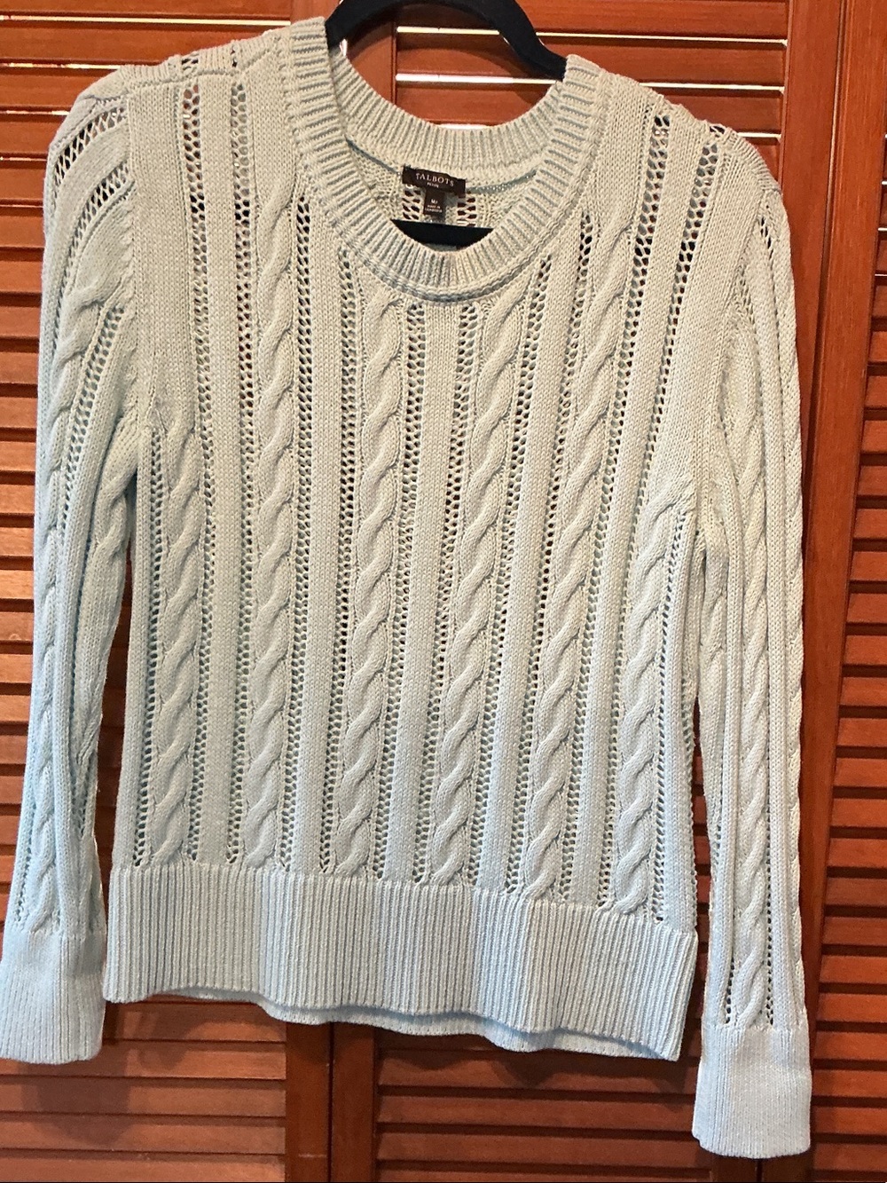 Talbots Mint Green Openwork Cable Crewneck Sweater